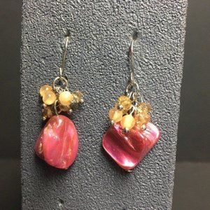 Dangle Pierced Earrings Pink Mother Of Pearl Mop Shell Cream Silver Hook Barbie